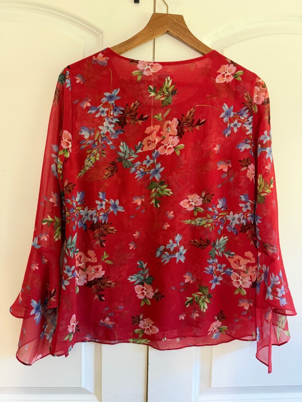 CAbi Red Floral V-Neck Bell Sleeve Blouse - Picture 5 of 5